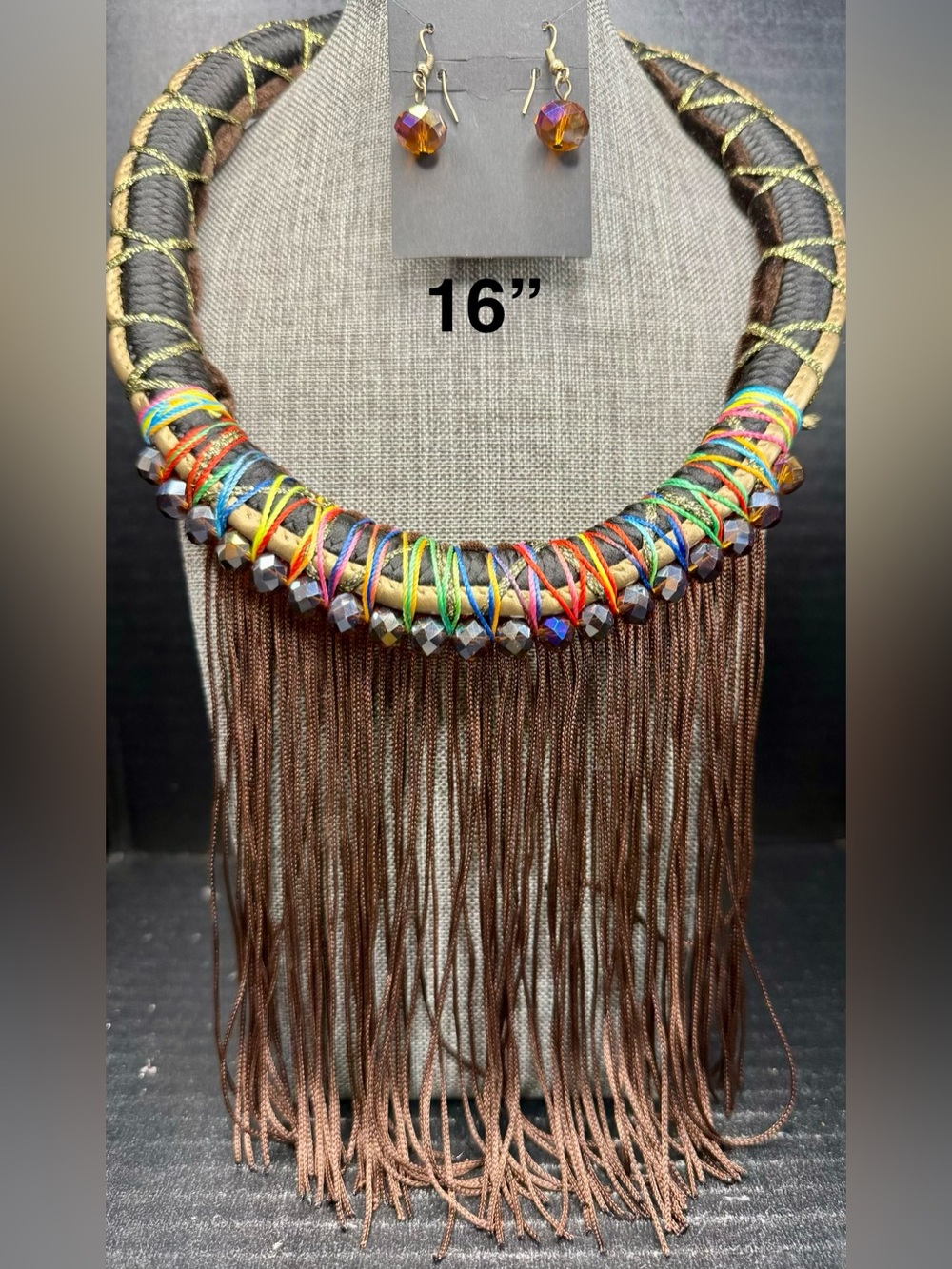 Boho Multicolor Thread & Brown Fringe Statement Necklace - 16"